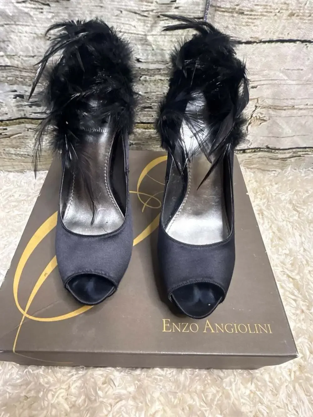 Enzo Angiolini Torrez 10 Heels Feather Platform Pump Black Satin Stiletto